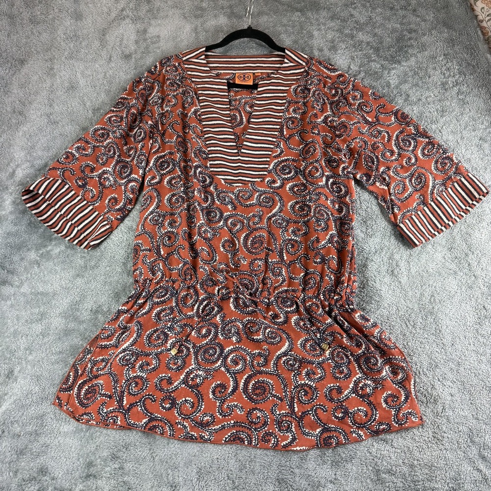 Tory Burch Womens XS Silk Boho Sapello Tunic Paisley‎ Striped Trim 51112639